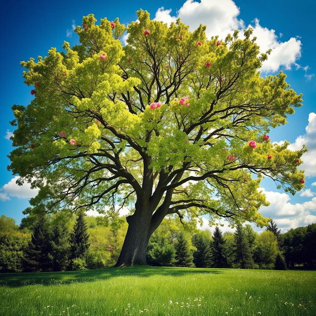 A beautiful, majestic tree in full bloom, with vibrant green leaves and colorful flowers