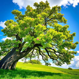 A beautiful, majestic tree in full bloom, with vibrant green leaves and colorful flowers