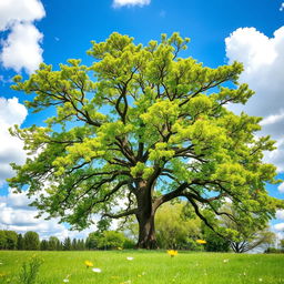 A beautiful, majestic tree in full bloom, with vibrant green leaves and colorful flowers
