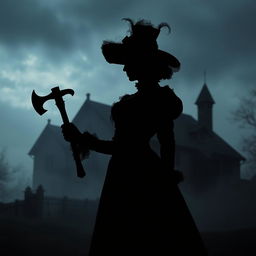 A striking silhouette of a Victorian lady holding an axe, dressed in elaborate Victorian attire with a high-necked dress and a large bonnet