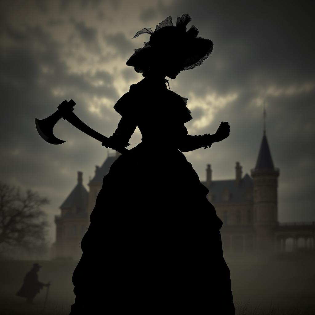 A striking silhouette of a Victorian lady holding an axe, dressed in elaborate Victorian attire with a high-necked dress and a large bonnet