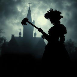 A striking silhouette of a Victorian lady holding an axe, dressed in elaborate Victorian attire with a high-necked dress and a large bonnet