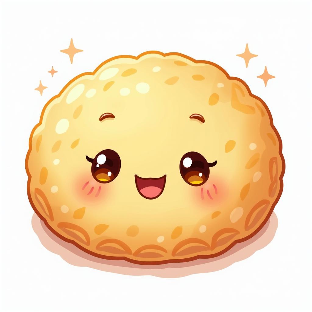 A charming illustration of a cute rice galette with a delightful expression, featuring a broad smile and dreamy sparkling eyes
