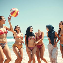 A vibrant beach scene featuring a group of young women, including Christian girls and a girl wearing a hijab, enjoying a sunny day by the sea