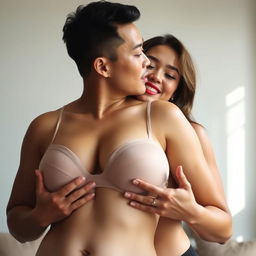 A romantic scene featuring a 39-year-old Indonesian man with pure white skin, affectionately hugging a beautiful 28-year-old woman with a sturdy and sexy body from behind