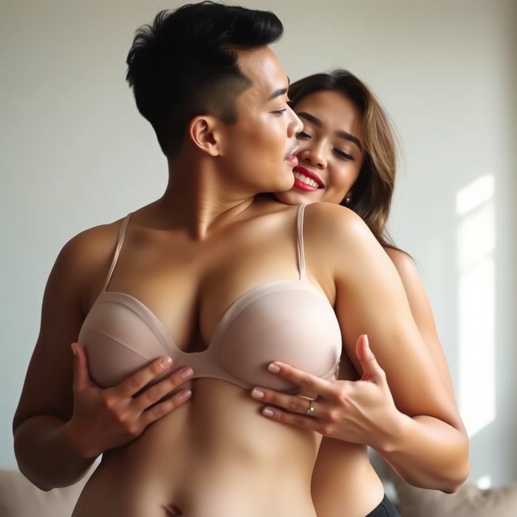 A romantic scene featuring a 39-year-old Indonesian man with pure white skin, affectionately hugging a beautiful 28-year-old woman with a sturdy and sexy body from behind