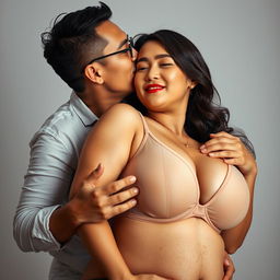 A romantic scene featuring a 39-year-old Indonesian man with pure white skin, affectionately hugging a beautiful 28-year-old woman with a sturdy and sexy body from behind