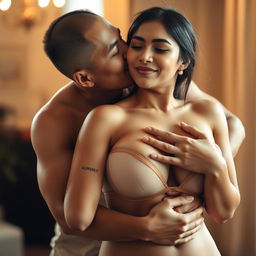 A romantic scene featuring a 39-year-old Indonesian man with pure white skin, affectionately hugging a beautiful 28-year-old woman with a sturdy and sexy body from behind
