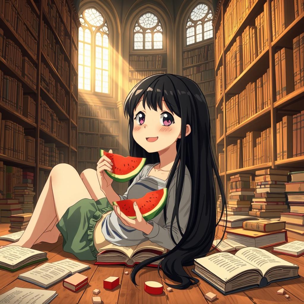 An animated scene depicting a 15-year-old girl with long black hair lying comfortably on the floor, surrounded by scattered books, while enjoying a slice of watermelon