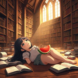 An animated scene depicting a 15-year-old girl with long black hair lying comfortably on the floor, surrounded by scattered books, while enjoying a slice of watermelon