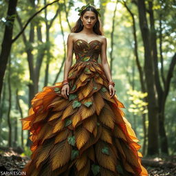 A stunning fashion design inspired by the natural beauty of a tree, featuring a gown that mimics the flowing lines and textures of tree bark, with intricate leaf patterns embroidered throughout