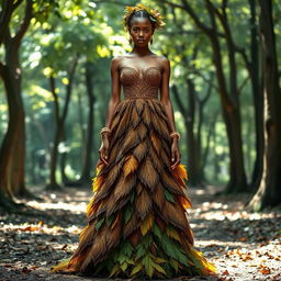 A stunning fashion design inspired by the natural beauty of a tree, featuring a gown that mimics the flowing lines and textures of tree bark, with intricate leaf patterns embroidered throughout