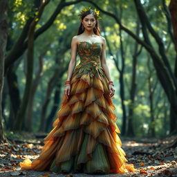 A stunning fashion design inspired by the natural beauty of a tree, featuring a gown that mimics the flowing lines and textures of tree bark, with intricate leaf patterns embroidered throughout