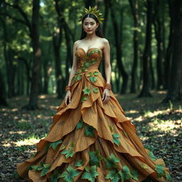 A stunning fashion design inspired by the natural beauty of a tree, featuring a gown that mimics the flowing lines and textures of tree bark, with intricate leaf patterns embroidered throughout
