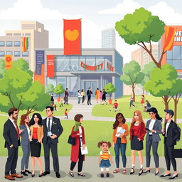 A vibrant and inclusive urban scene showcasing the diverse roles of men, women, and LGBTQIA individuals in contemporary society