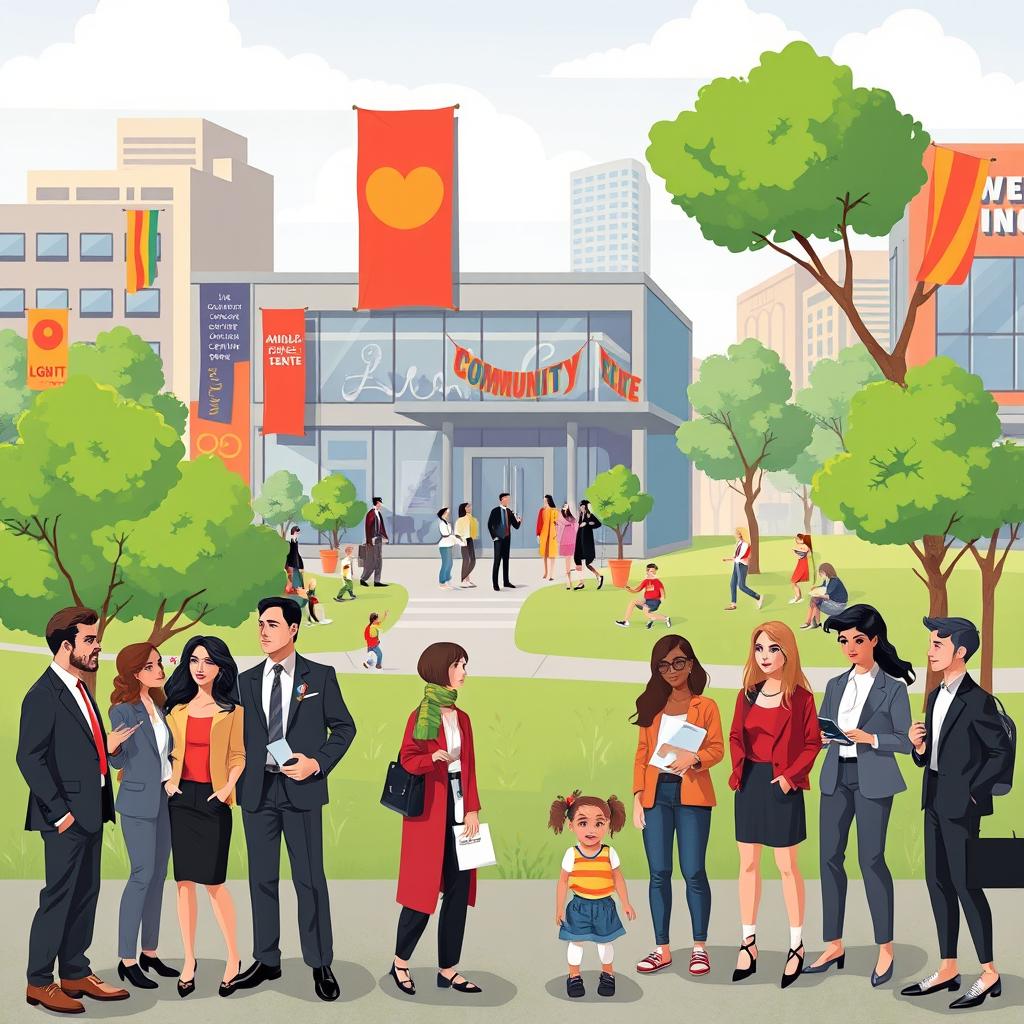 A vibrant and inclusive urban scene showcasing the diverse roles of men, women, and LGBTQIA individuals in contemporary society