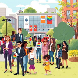 A vibrant and inclusive urban scene showcasing the diverse roles of men, women, and LGBTQIA individuals in contemporary society