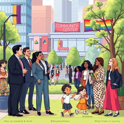 A vibrant and inclusive urban scene showcasing the diverse roles of men, women, and LGBTQIA individuals in contemporary society