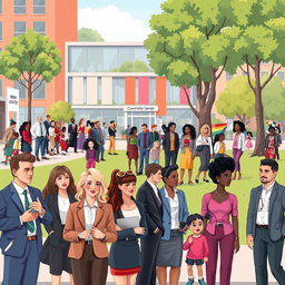 A vibrant and inclusive urban scene showcasing the diverse roles of men, women, and LGBTQIA individuals in contemporary society