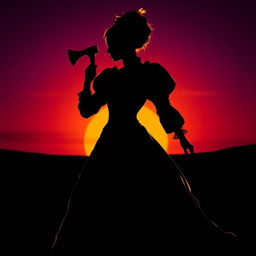 A striking silhouette of a Victorian lady holding an axe, dressed in a flowing, intricately designed Victorian dress with puffed sleeves and a corseted waist
