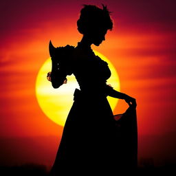 A striking silhouette of a Victorian lady holding an axe, dressed in a flowing, intricately designed Victorian dress with puffed sleeves and a corseted waist
