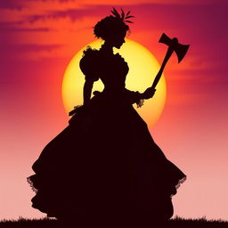 A striking silhouette of a Victorian lady holding an axe, dressed in a flowing, intricately designed Victorian dress with puffed sleeves and a corseted waist