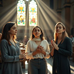 A serene scene featuring a group of three young Christian women engaged in prayer inside a beautifully lit church
