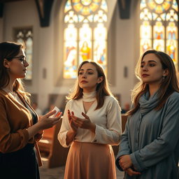 A serene scene featuring a group of three young Christian women engaged in prayer inside a beautifully lit church