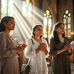 A serene scene featuring a group of three young Christian women engaged in prayer inside a beautifully lit church