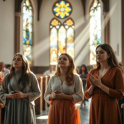 A serene scene featuring a group of three young Christian women engaged in prayer inside a beautifully lit church