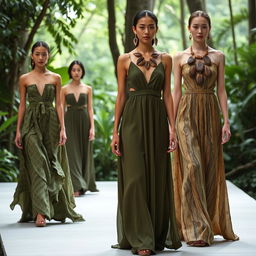 A fashion design collection inspired by the beauty of trees, featuring elegant dresses made from organic materials that mimic the textures and colors of tree bark and leaves