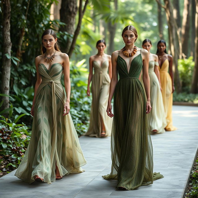 A fashion design collection inspired by the beauty of trees, featuring elegant dresses made from organic materials that mimic the textures and colors of tree bark and leaves