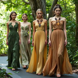 A fashion design collection inspired by the beauty of trees, featuring elegant dresses made from organic materials that mimic the textures and colors of tree bark and leaves