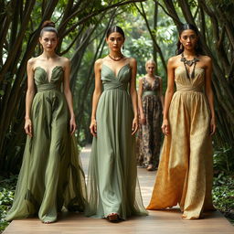 A fashion design collection inspired by the beauty of trees, featuring elegant dresses made from organic materials that mimic the textures and colors of tree bark and leaves