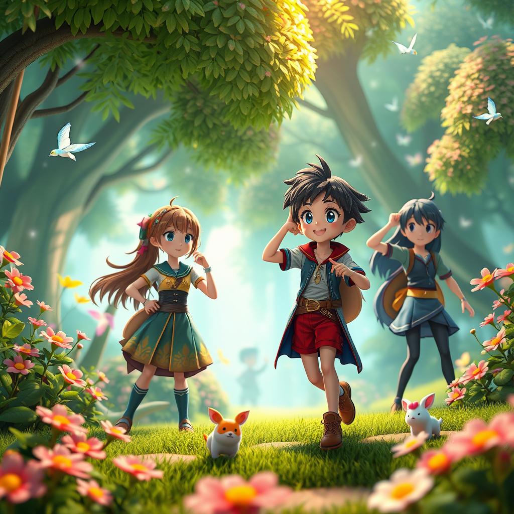 A vibrant 3D animated scene filled with bold colors and dynamic poses, featuring characters in a distinct anime art style