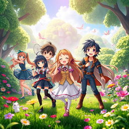 A vibrant 3D animated scene filled with bold colors and dynamic poses, featuring characters in a distinct anime art style