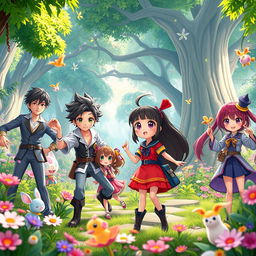 A vibrant 3D animated scene filled with bold colors and dynamic poses, featuring characters in a distinct anime art style