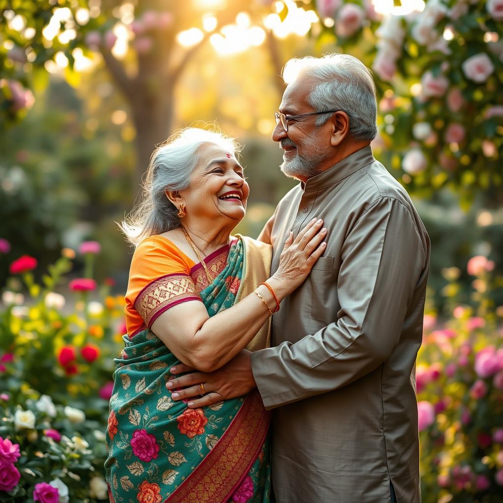An elderly couple joyfully celebrating their love, where the Indian grandmother is wearing a vibrant, intricately designed saree adorned with floral patterns and gold embellishments