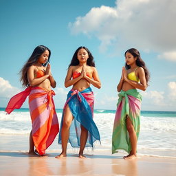 A unique and artistic interpretation of a group of three young Christian women, depicted in an abstract, imaginative setting where they are at a beach, praying together