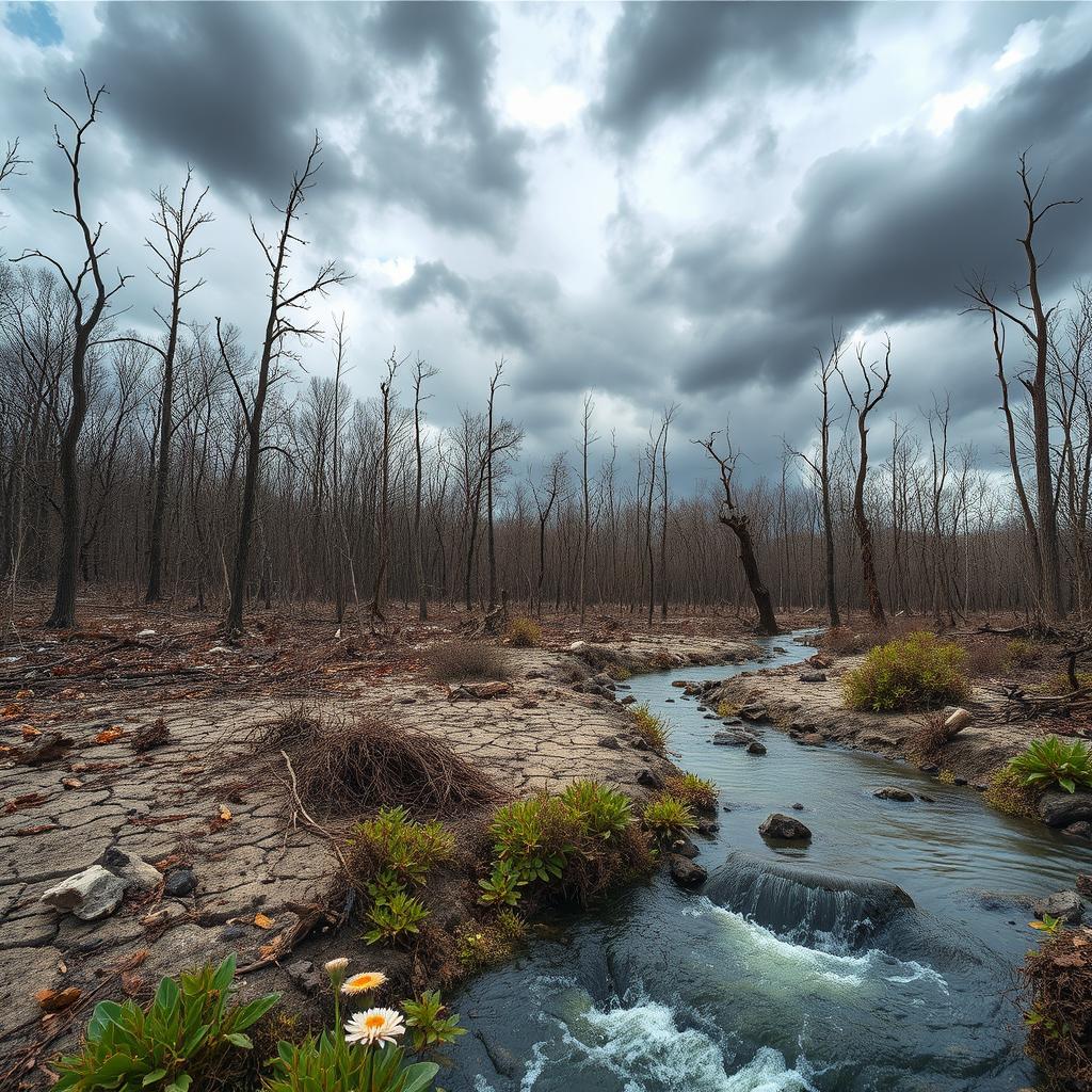 A dramatic landscape showcasing the downfall of nature, featuring a once-lush forest now withered and dying