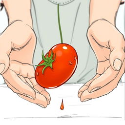A storyboard illustration depicting a tomato falling from the hands of a girl