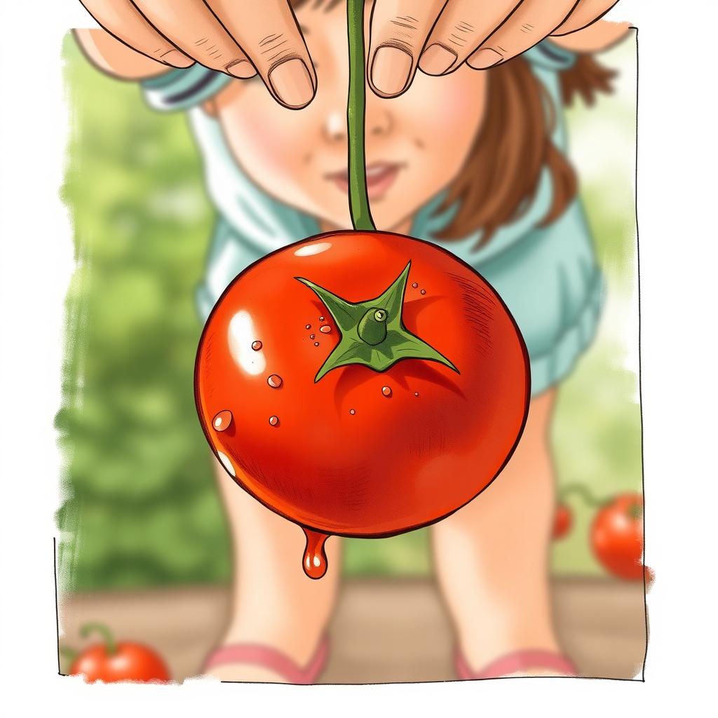 A storyboard illustration depicting a tomato falling from the hands of a girl