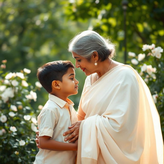 An intimate and tender moment between a mature woman and a younger person, with the woman wearing a beautiful soft white saree that flows elegantly around her, capturing the light in a gentle way