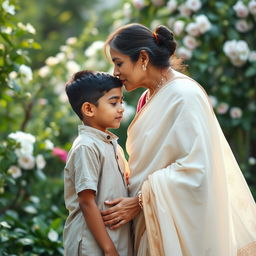 An intimate and tender moment between a mature woman and a younger person, with the woman wearing a beautiful soft white saree that flows elegantly around her, capturing the light in a gentle way