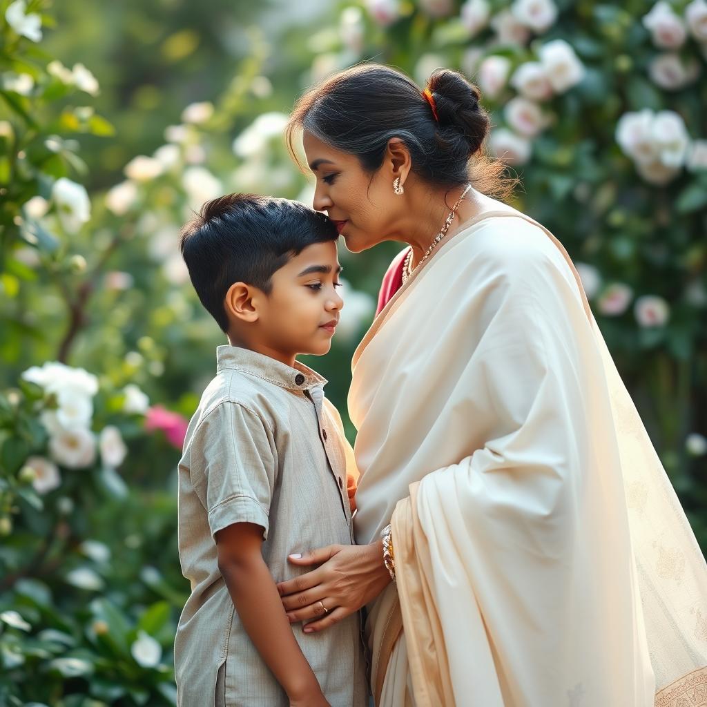 An intimate and tender moment between a mature woman and a younger person, with the woman wearing a beautiful soft white saree that flows elegantly around her, capturing the light in a gentle way