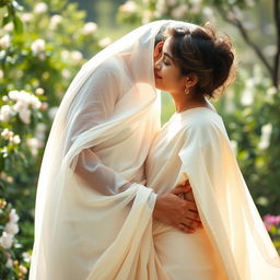 An intimate and tender moment between a mature woman and a younger person, with the woman wearing a beautiful soft white saree that flows elegantly around her, capturing the light in a gentle way