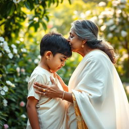 An intimate and tender moment between a mature woman and a younger person, with the woman wearing a beautiful soft white saree that flows elegantly around her, capturing the light in a gentle way