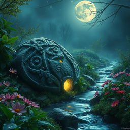 A captivating mystical scene featuring the 'living stone' concept, where a large, beautifully textured stone appears to come to life under the moonlight