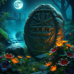 A captivating mystical scene featuring the 'living stone' concept, where a large, beautifully textured stone appears to come to life under the moonlight