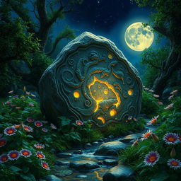 A captivating mystical scene featuring the 'living stone' concept, where a large, beautifully textured stone appears to come to life under the moonlight